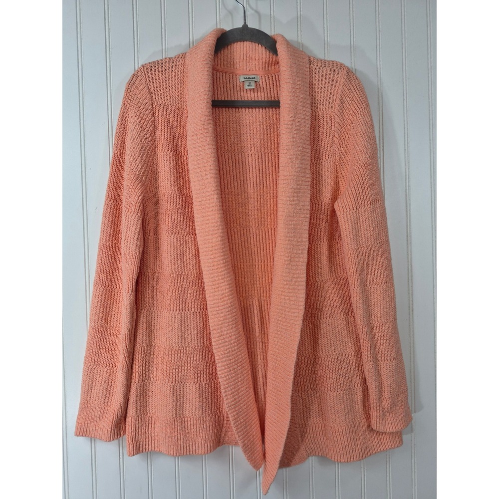 LL Bean Womens Peach Coral Cotton Ribbed Open Front Shawl Cardigan Sweater M REG